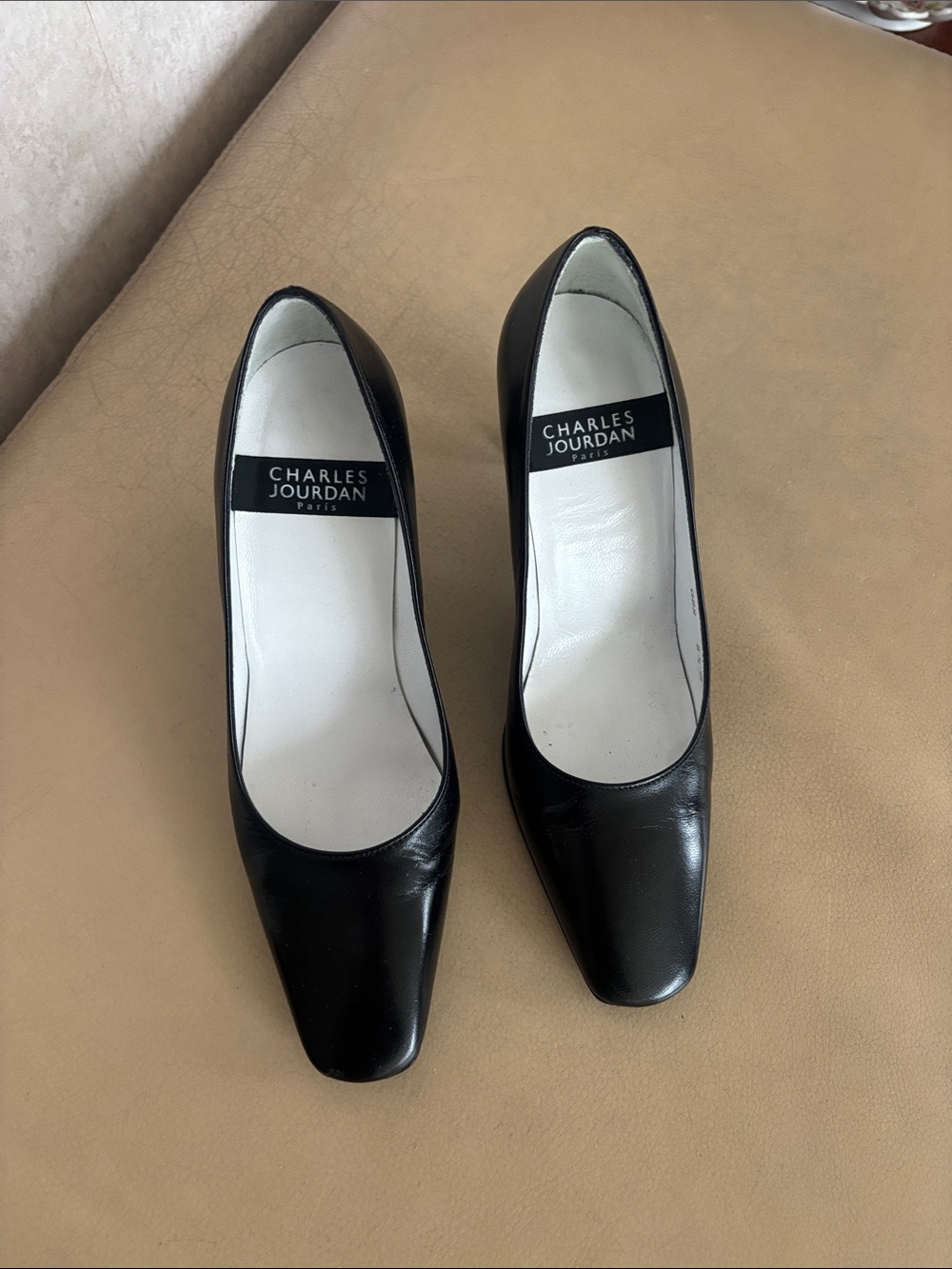 Charles Jourdan Black Leather Square-Toe Pumps